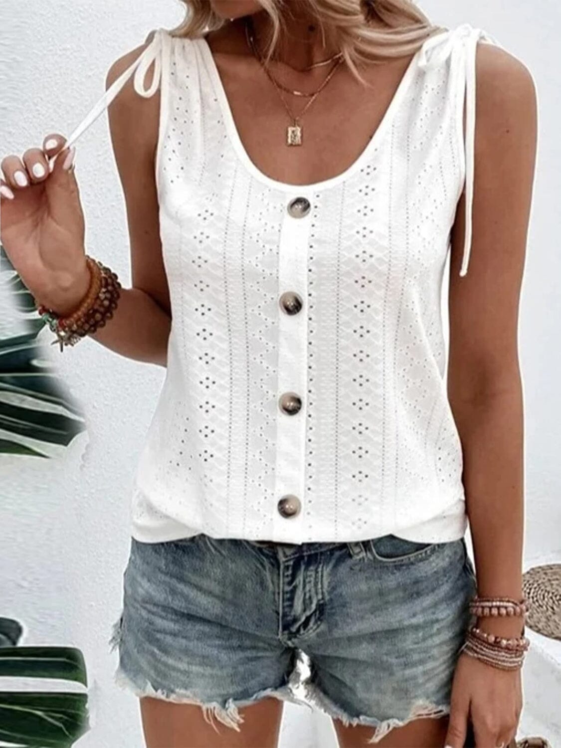 Openwork Round Neck Wide Strap Tank