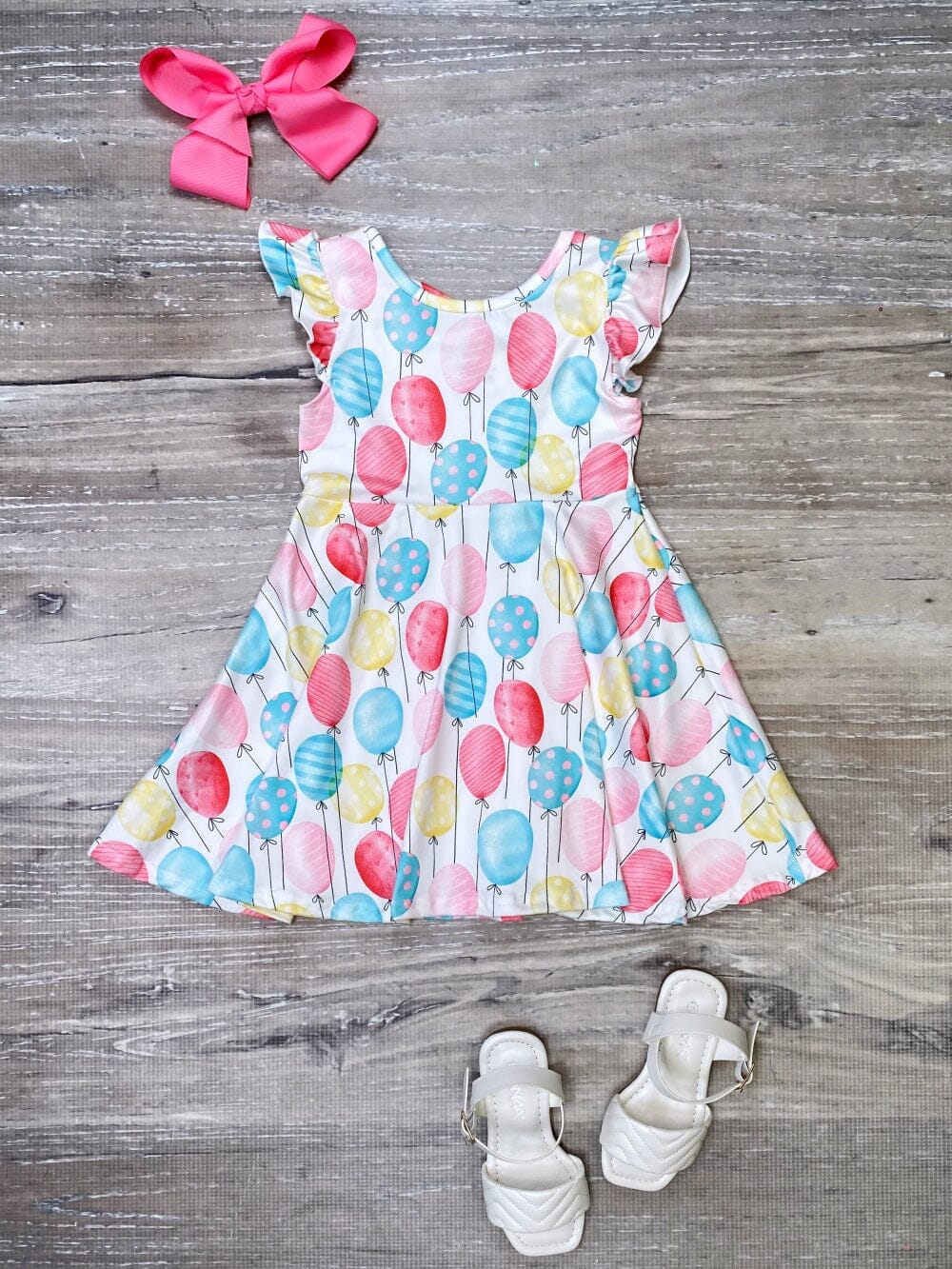 Balloon Party Blue & Pink Flutter Sleeve Girls Birthday Dress