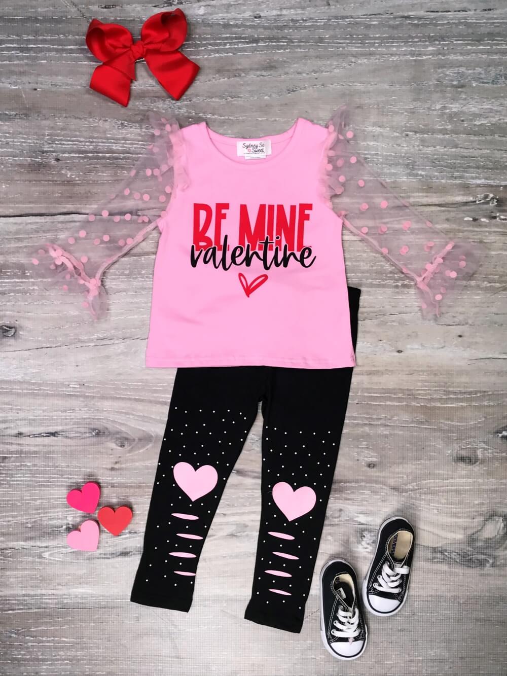 Be Mine Valentine Pink Heart Knee Patch Girls Valentine's Day Outfit