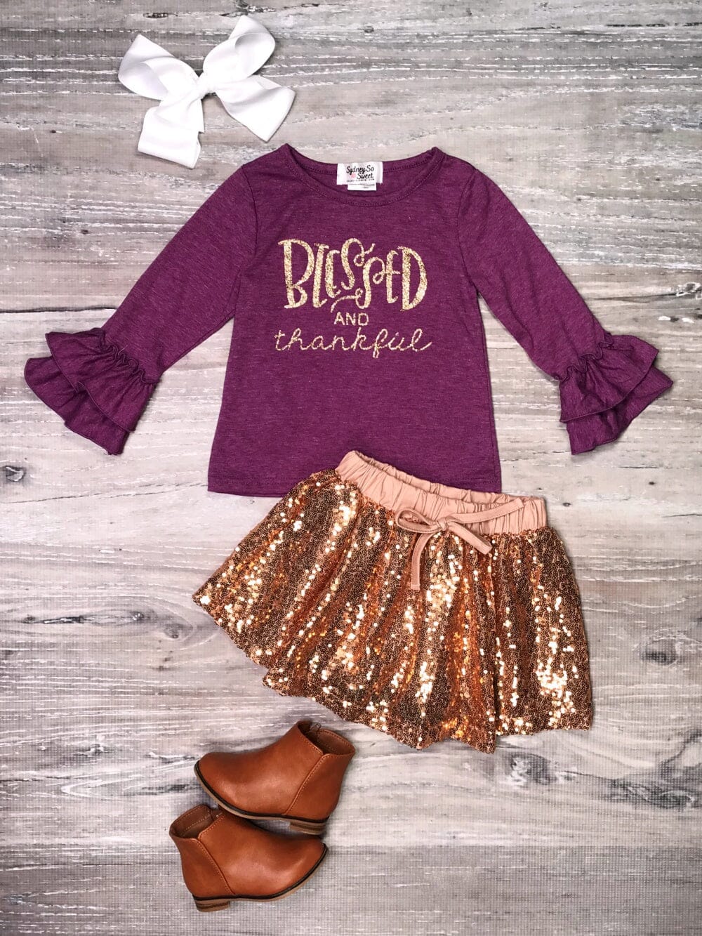 Blessed & Thankful Purple Gold Sequin Ruffle Girls Skirt Outfit