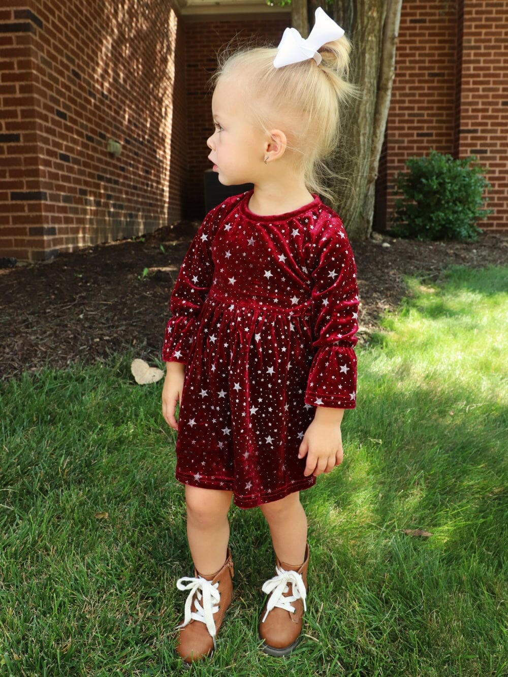 Burgundy Starry Night Velvet Flare Girls Dress