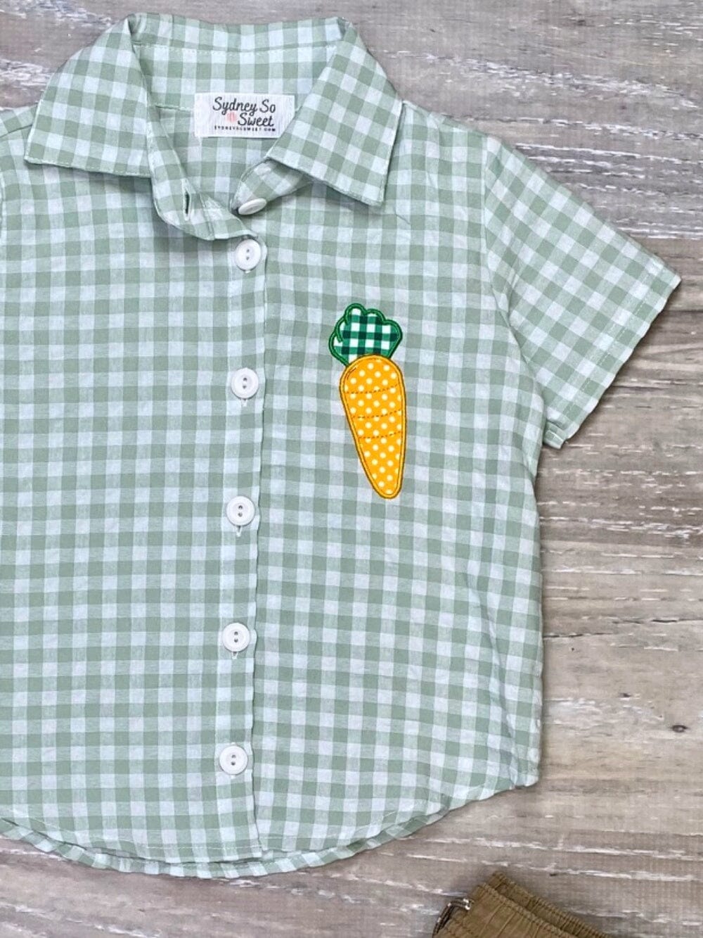 Carrot On Green Gingham Button Up Short Sleeve Boys Easter Top