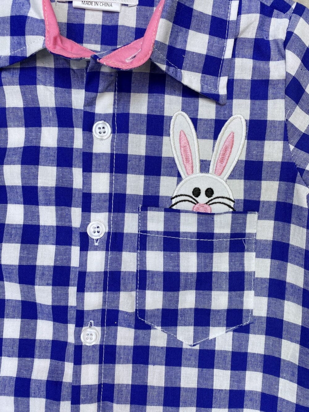 Cool Bunny Blue Gingham Button Up Short Sleeve Boys Easter Top