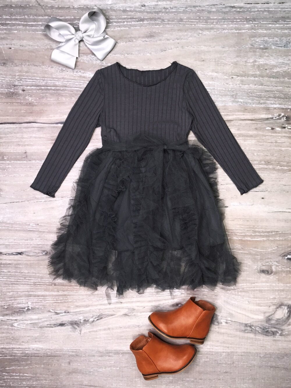 Dark Gray Ribbed Knit Frill Chiffon Girls Boutique Dress