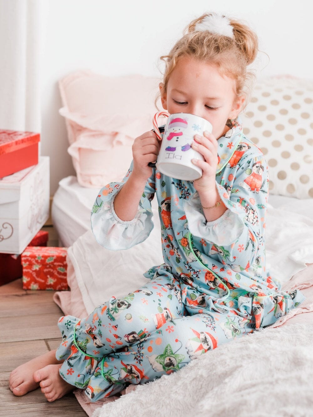 Strawberry Floral Fields Blue Lace Button Up Girls Pajamas