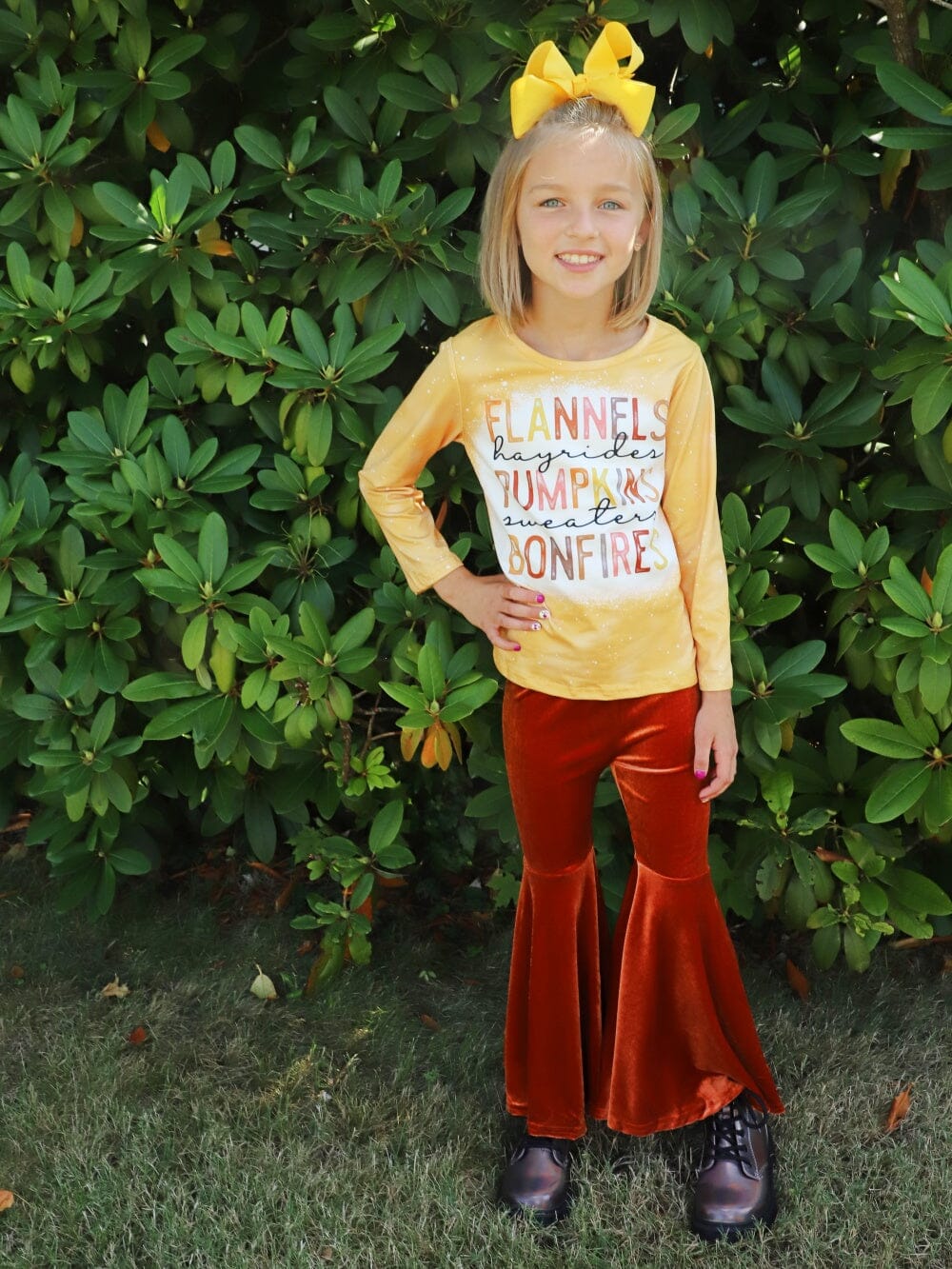 Flannels Pumpkins & Bonfires Orange Velvet Bell Bottom Girls Fall Outfit