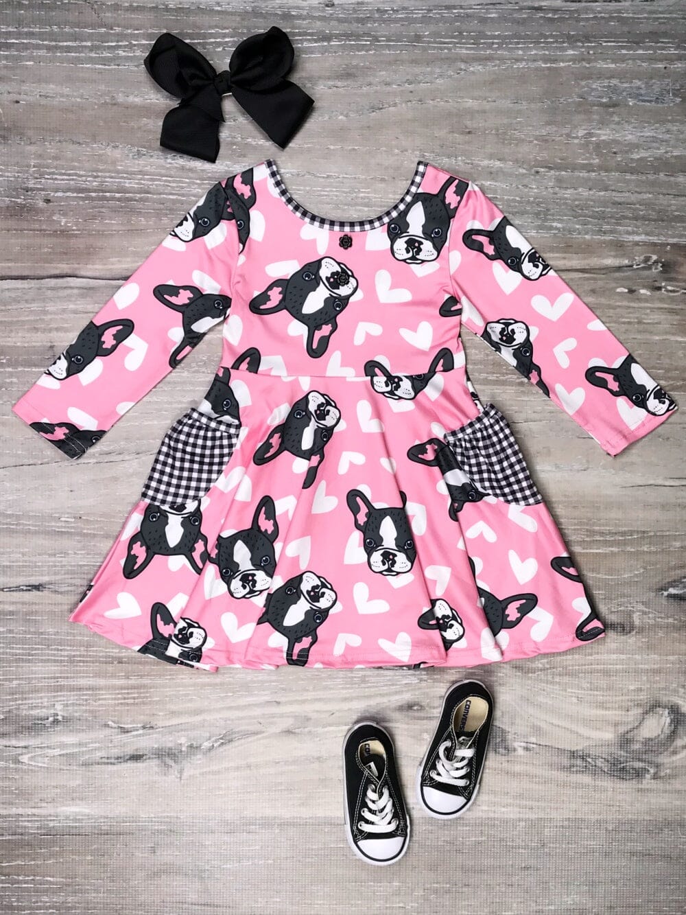 French Kiss Bulldog Pink Heart Pocket Girls Skater Dress