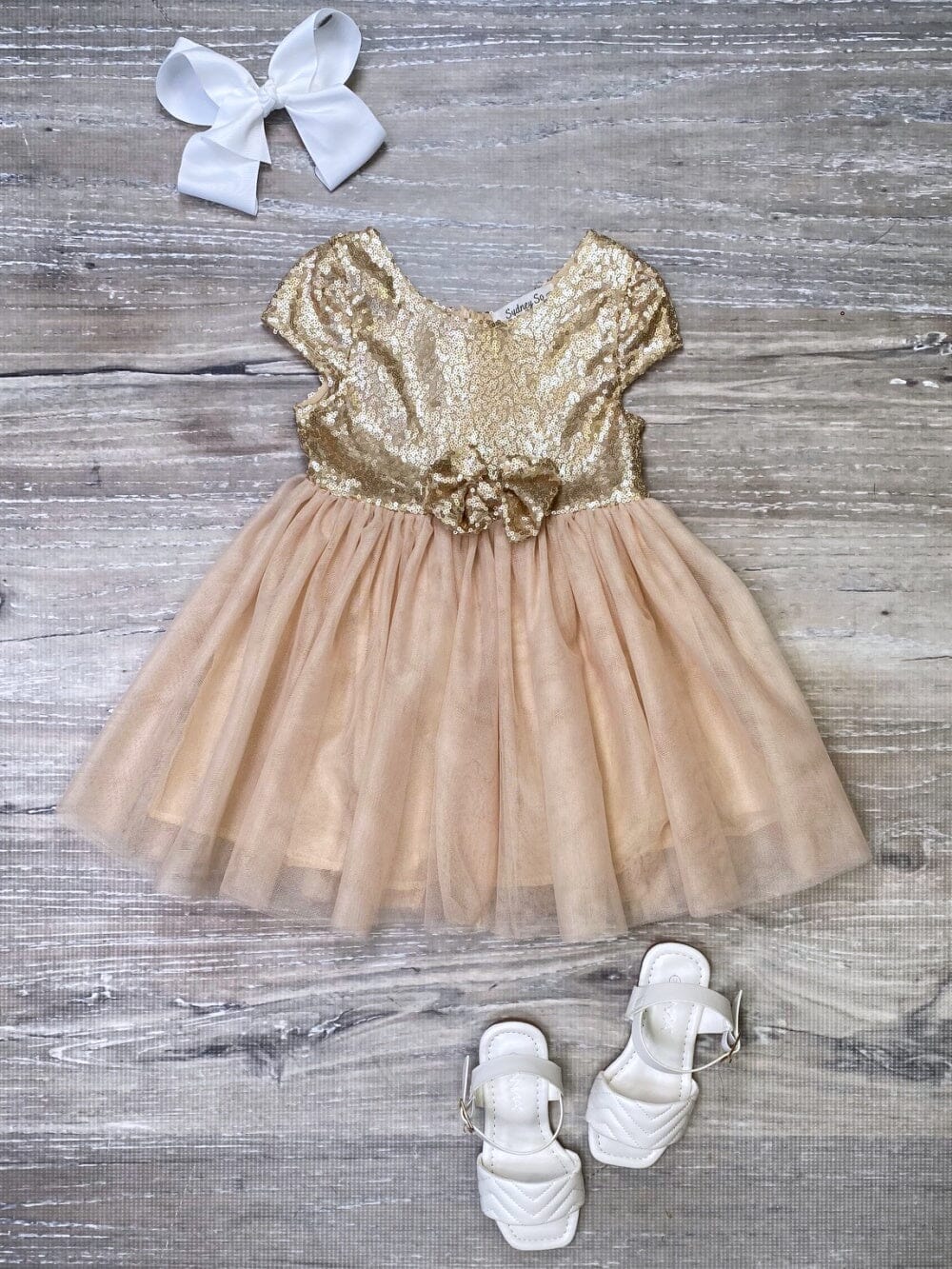 Golden Sequin Bow Tulle Fancy or Special Occasion Girls Tutu Dress