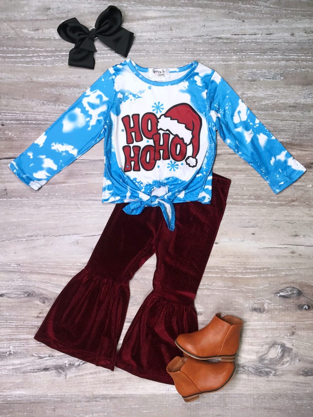 Ho Ho Ho Burgundy & Blue Acid Wash Girls Christmas Santa Bell Bottom Outfit