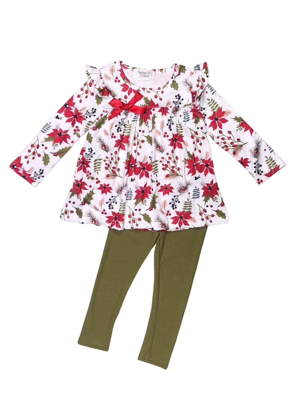 Holiday Holly Floral Green Long Sleeve Ruffle Girls Winter Outfit