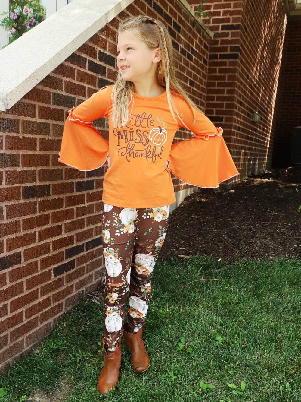 Little Miss Thankful Pumpkin Brown & Orange Girls Fall Outfit