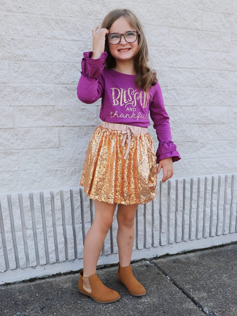 Blessed & Thankful Purple Gold Sequin Ruffle Girls Skirt Outfit