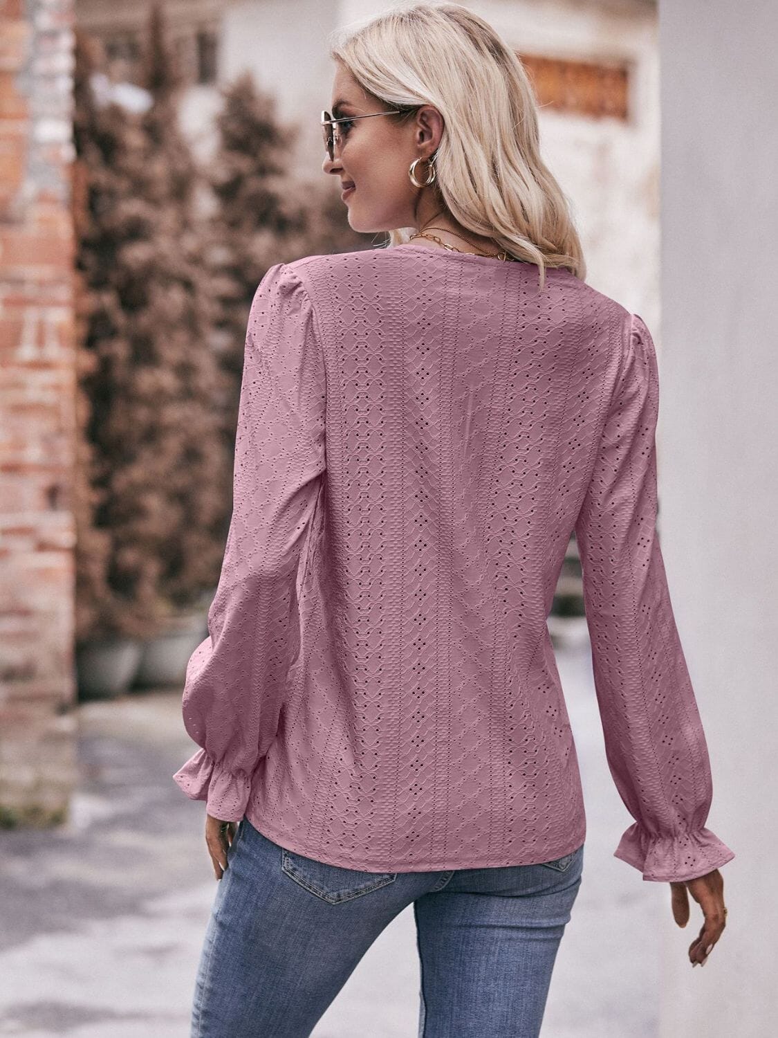 Eyelet V-Neck Flounce Sleeve Blouse