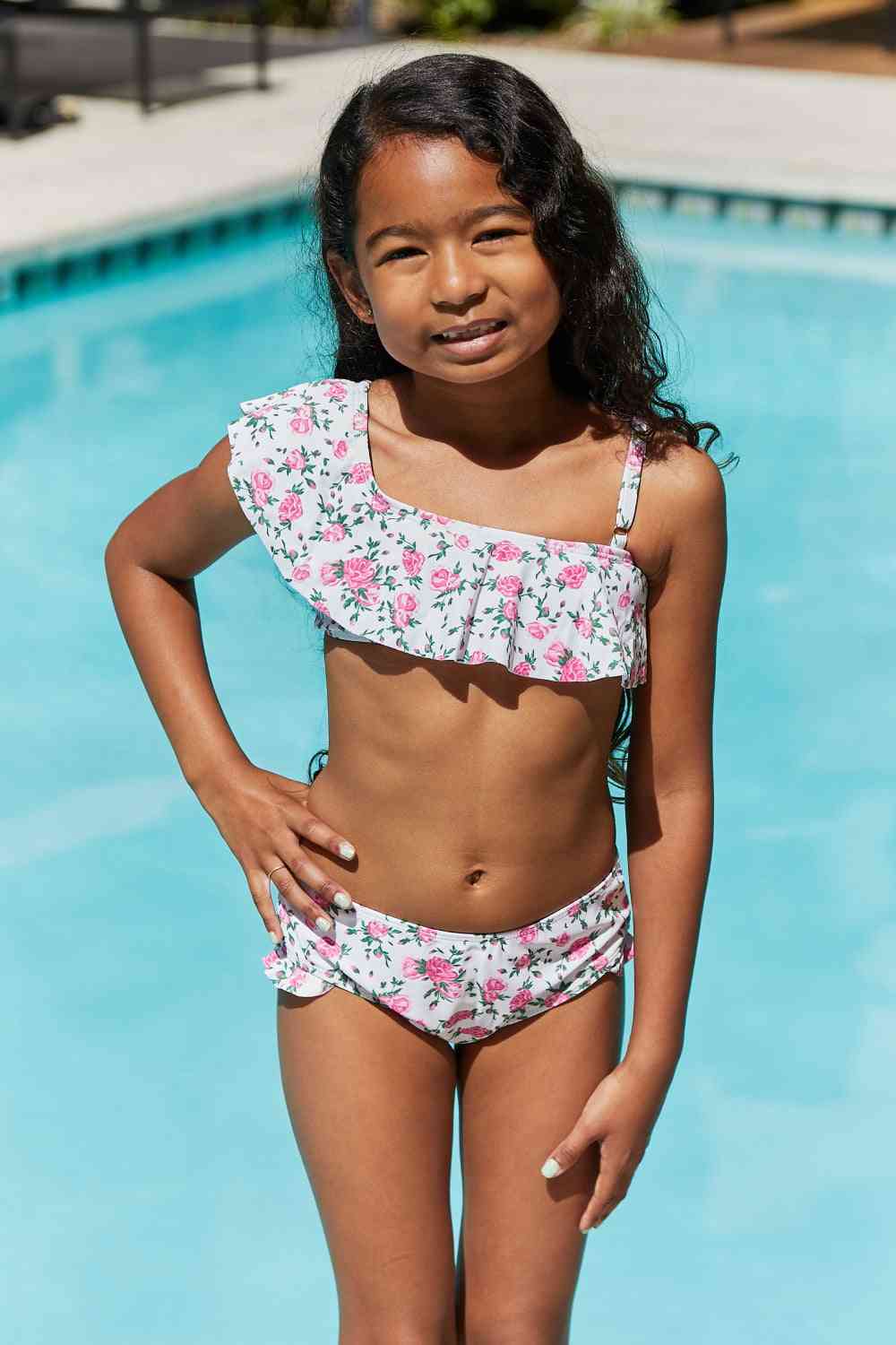 Float On Ruffle Two-Piece Girls Swim Set in Roses Off-White