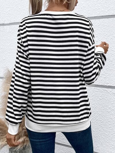 Heart Patch Striped Round Neck Long Sleeve Sweatshirt