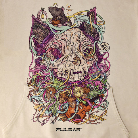 close up  image of the MrOw design on a Pulsar hoodie