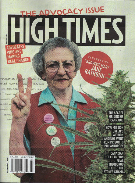 An issue of the magazine "High Times" meaturing Mary Jane Rathburn posing with a cannabis plant