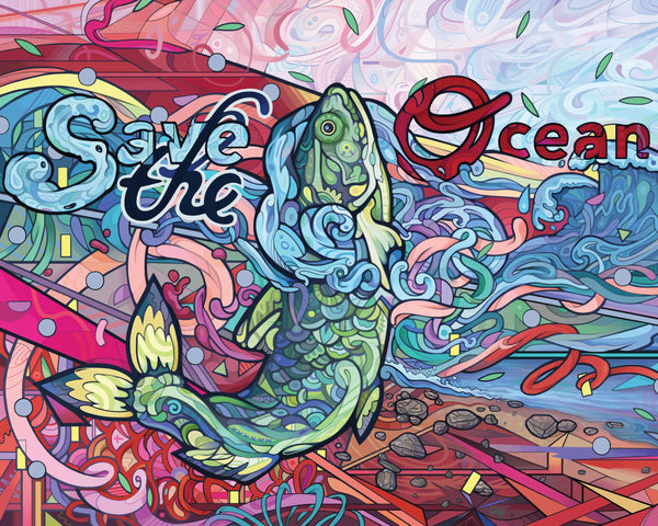 art by courtney hannen featuring a fish and the text "save the ocean"