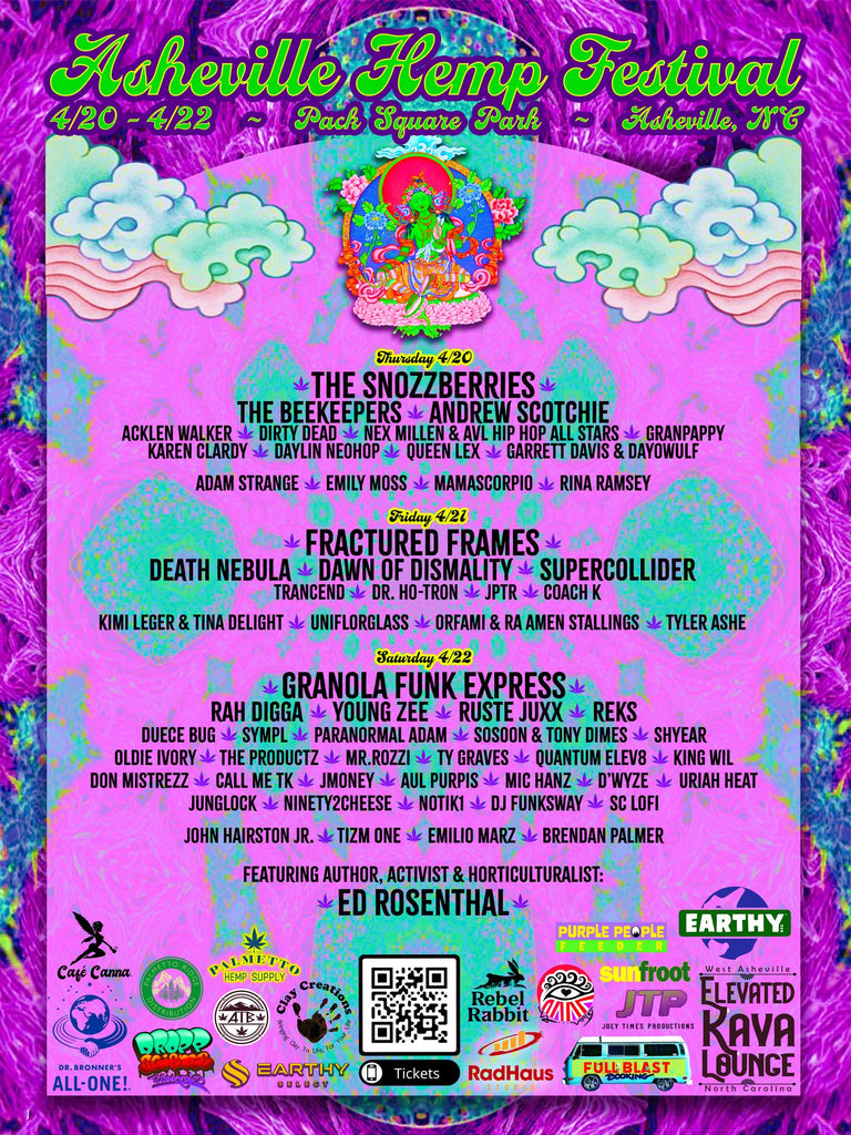 A pink and purple poster for the Asheville Hemp Festival, featuring psychedelic cartoon drawings, and the listing of the lineup.