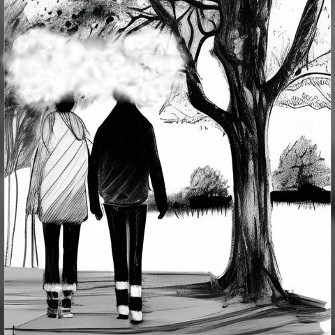 Black & white illustration of two people, seen from behind, walking down the sidewalk. Their heads are mostly obscured by vapor clouds.