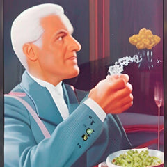 An illustration of a snooty older white man in a suit sneering judgmentally while sitting at a table with food.