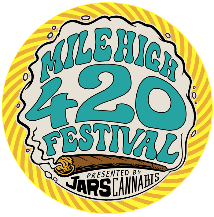 A circular logo with a yellow background, "Mile High 420" in a teal hippie font, underlined with a cartoon blunt.