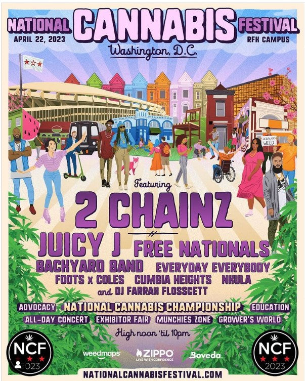 Poster for the National Cannabis Festival, with a cartoon background and the lineup in a purple and pink font.