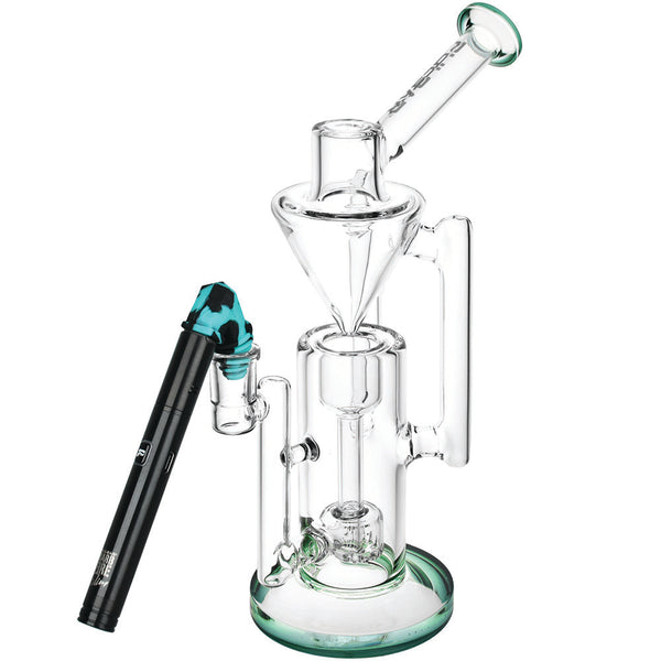 Black Pulsar Barb Fire Slim attached to the green Pulsar Thinker Gravity Bong using the teal-black Pulsar Silicone Cart Rig Adapter