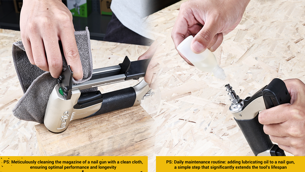 A person performing regular maintenance on a pneumatic nail gun, cleaning it with a dry cloth and applying oil to the moving parts, ensuring smooth operation and longevity of the tool.