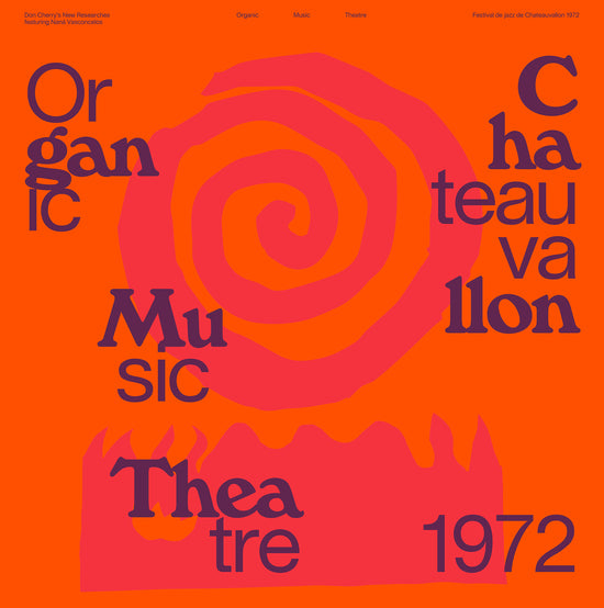 Album cover, pink spiral on orange background, purple
            text