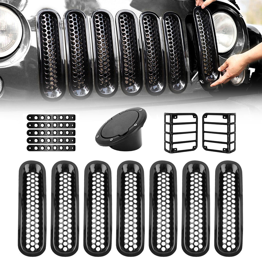 07-18 Jeep Wrangler JK/JKU Aluminum Door Grab Handle Inserts & Black Gas  Fuel Tank Cover & Black Euro Tail Light Covers & Glossy Black Clip-in Mesh  Grill Inserts Combo