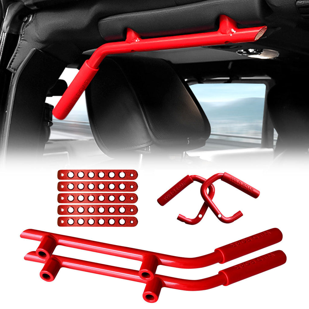 07-18 Jeep Wrangler JK/JKU Front & Rear Grab Handles & Aluminum Door Grab  Handle Inserts Cover Combo-Red丨Amoffroad