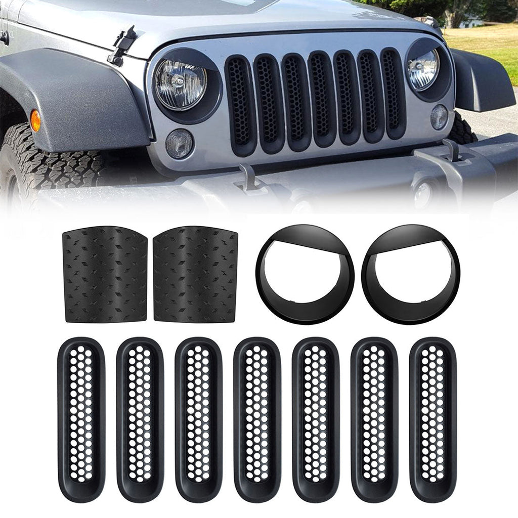 07-18 Jeep Wrangler JK/JKU Pointer Body Armors & Matte Black Clip-in Mesh  Grill Inserts & Black Angry Eyes Head Light Bezels Cover Combo 丨Amoffroad