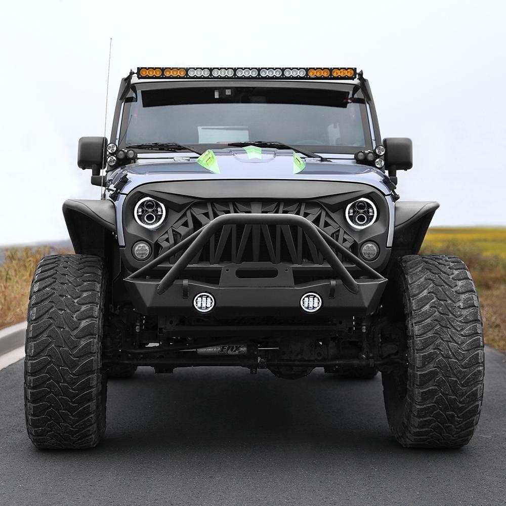 Jeep Wrangler Shark Grille & Halo Headlights & Halo Fog Lights Combo