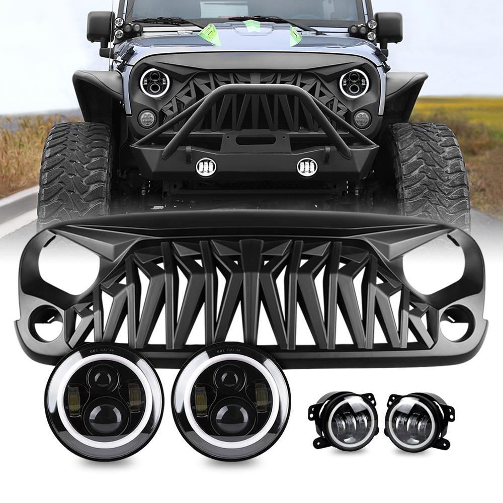 Jeep Wrangler Shark Grille & Halo Headlights & Halo Fog Lights Combo