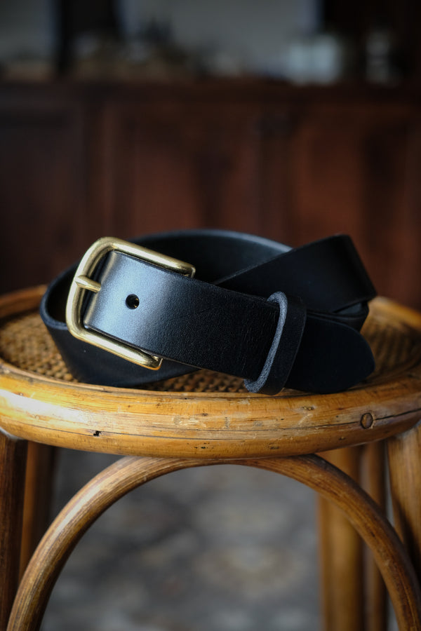 Belt - 1.5 wide, plain black leather finished with solid polished brass  buckle