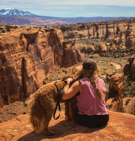 Girl and her dog sit looking over a big canyon while using Mighty Paw Dog Leash.