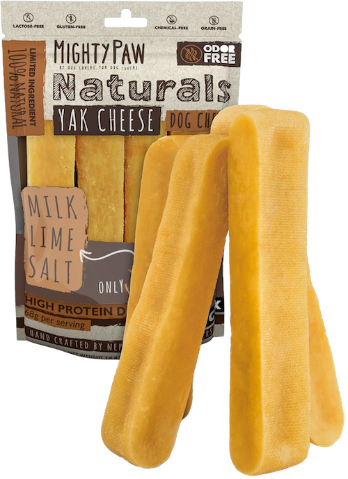 'Packaging of Mighty Paw yak cheese dog chews.'
