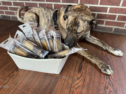 Brindle rescue dog lays on floor with basket of Mighty Paw Yak Chews next to him.