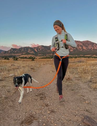 taking a dog on a run with the Mighty Paw Hands Free Bungee Leash 2.0