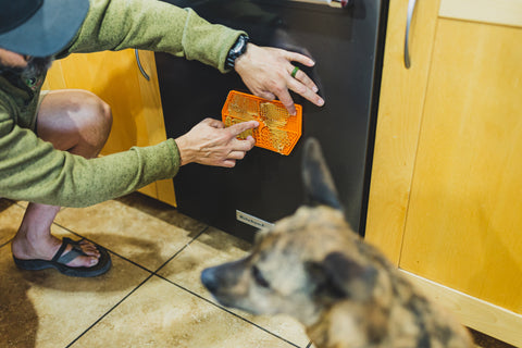 Man suctions orange Mighty Paw Lick Pad to wall for dog to lick peanut butter off of.