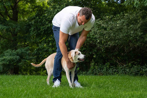 Founder of Mighty Paw Corey Smith pets his dog Barley outside.