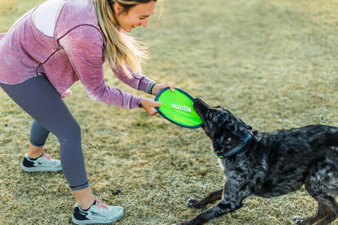Woman and her dog play tug of war with a Mighty Paw frisbee