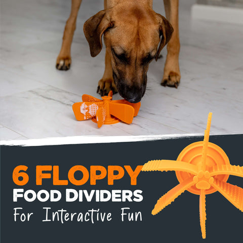 Mighty Paw's spiral slow feed insert features 6 floppy food dividers for interactive fun