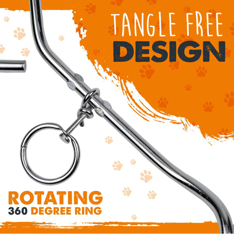 The Mighty Paw Tie Out Stake is designed to be tangle-free thanks to its rotating D-ring