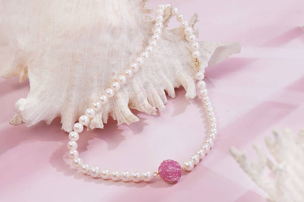Pearl Strand Necklace with Ruby gold clasp by AME Jewellery