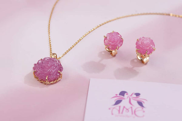 ruby carved rose flower gold jewelry set by AME Jewellery