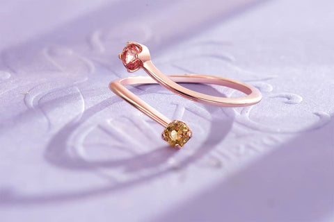 Two Natural Yellow and Reddish Orange Sapphires Bypass Ring in 14 Rose Gold, designed and made by AME Jewellery