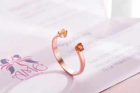 Two Natural Yellow and Reddish Orange Sapphires Open Ring in 14 Rose Gold, designed and made by AME Jewellery