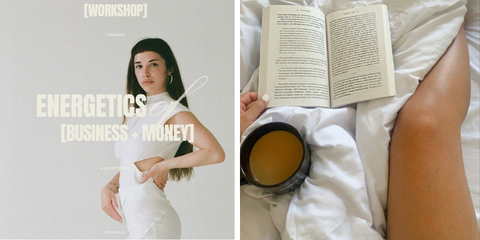 Desiree Pais of Benshen Course, Energetics of Business and Money. Girl standing with white background, all white clothing. Girl holding a book and reading while she drinks coffee in bed. 